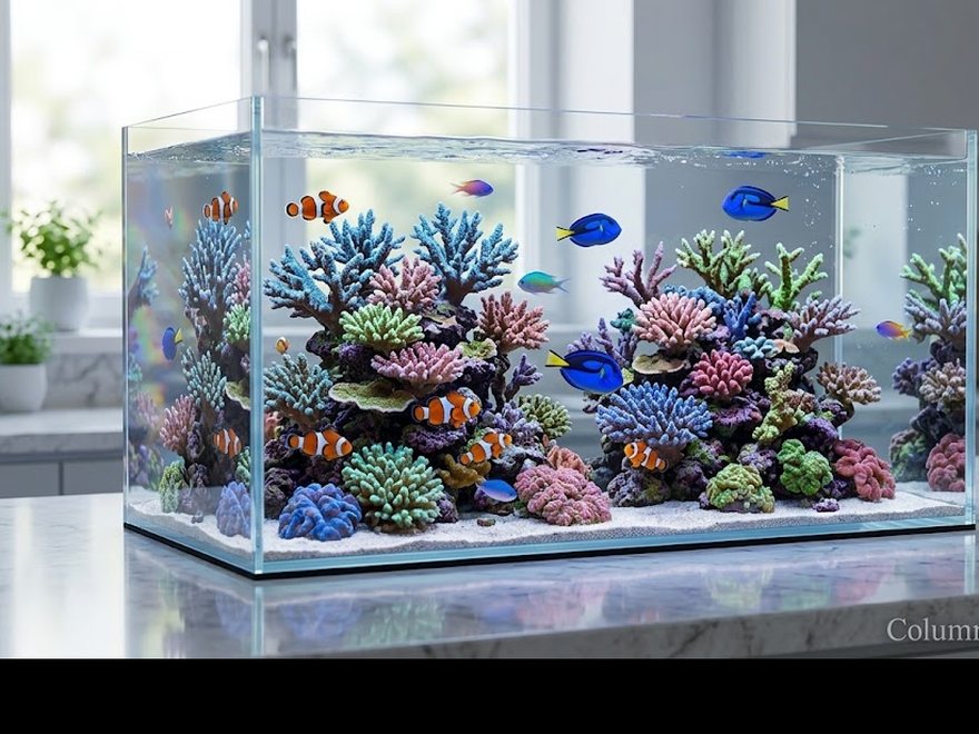 Acuario marino de arrecife montado sobre una encimera