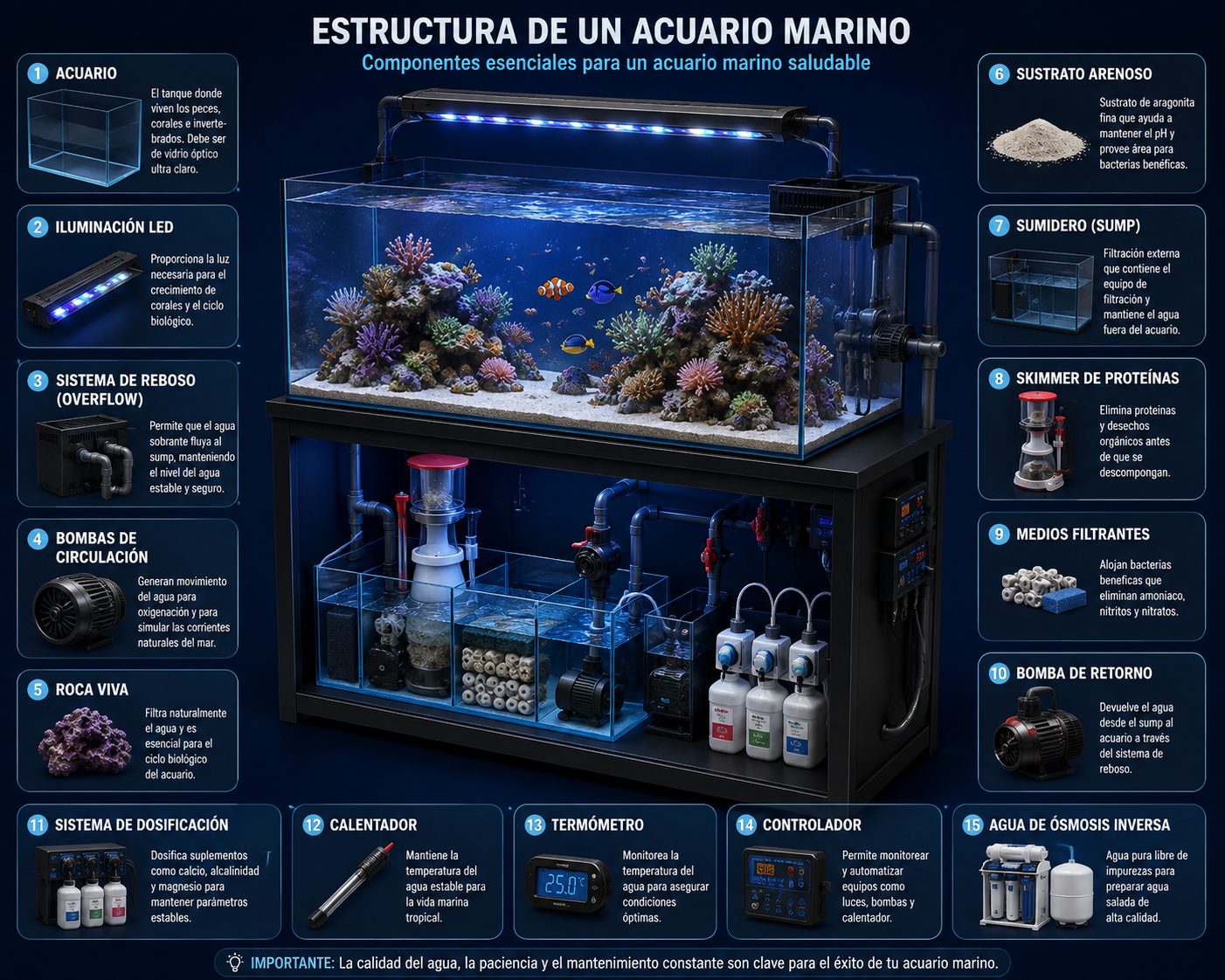 Esquema de un acuario marino con sus quince componentes