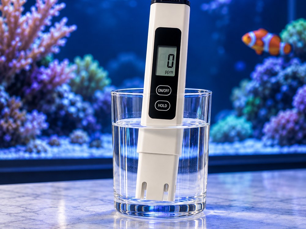 Medidor de TDS de bolsillo marcando 0 ppm en un vaso de agua de osmosis, con un acuario de arrecife al fondo
