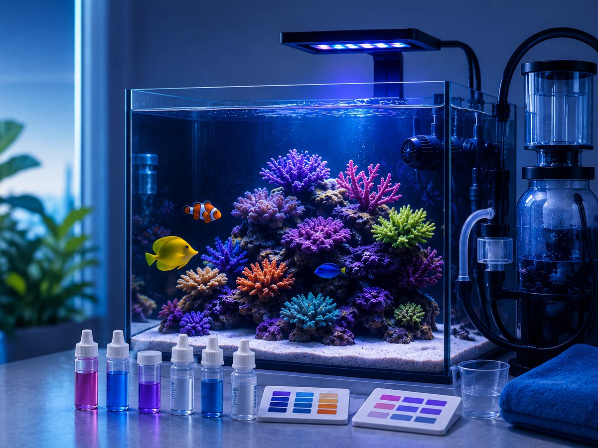 Acuario marino de arrecife con skimmer y kit de test sobre la encimera